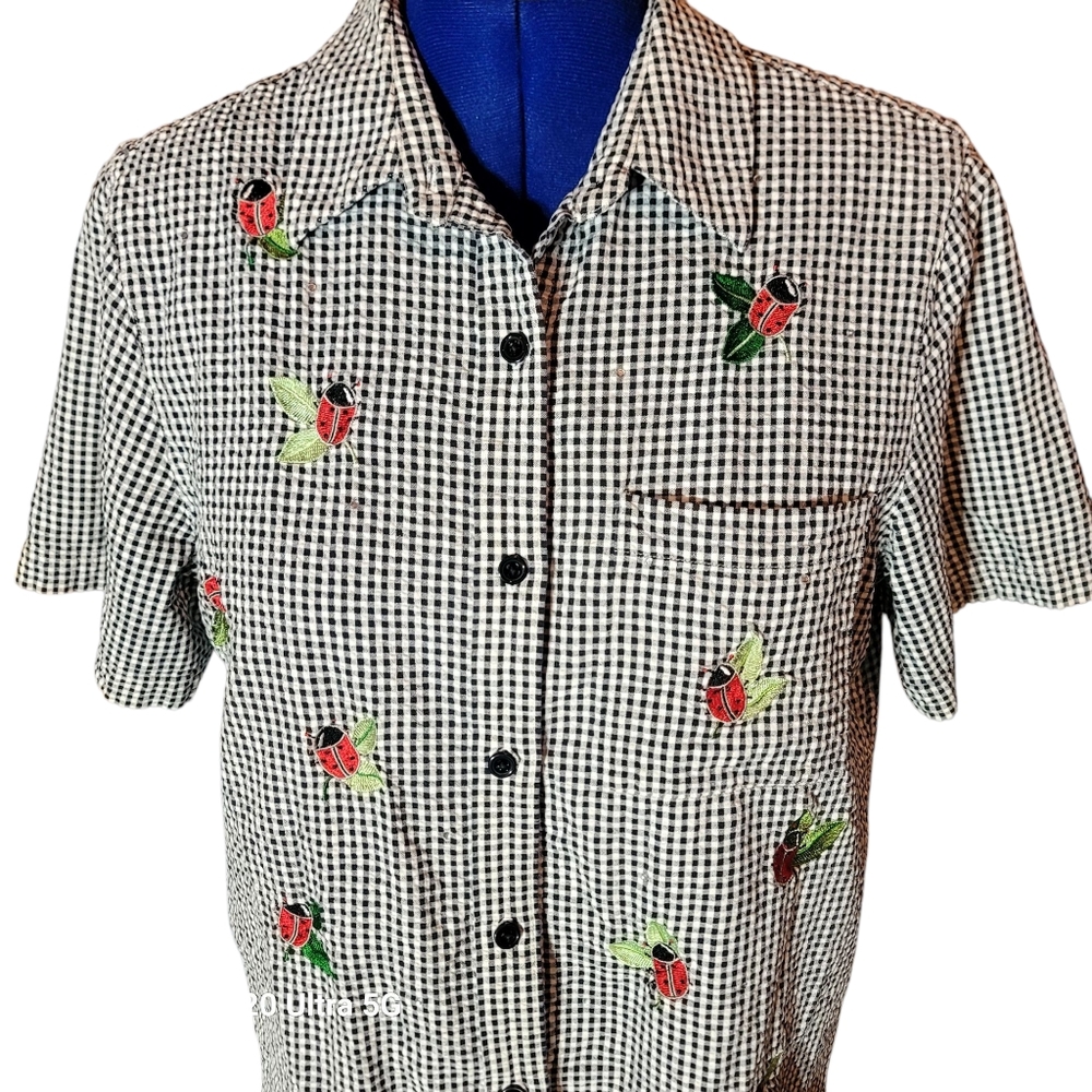 The Quaker Factory Ladybug Black White Check Shortsleeve Blouse Women's Large